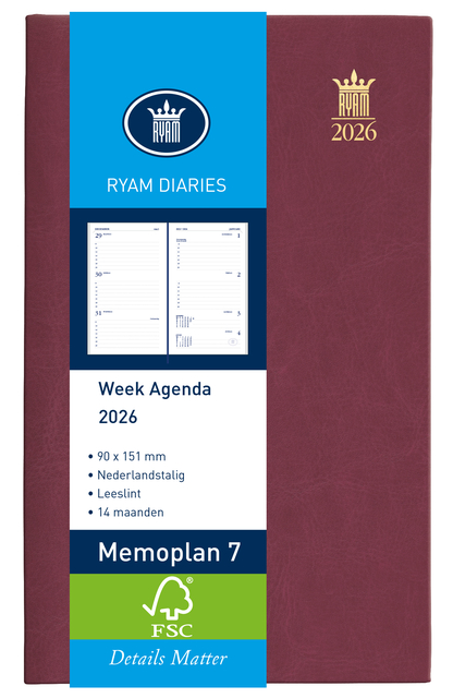 Agenda 2026 Ryam Memoplan 7 Mundior 7dagen/2pagina’s bordeaux