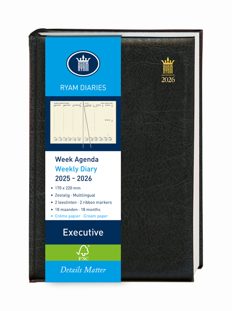 Schoolagenda 2025-2026 18mnd Ryam Executive Mundior 7dagen/2pagina’s zwart