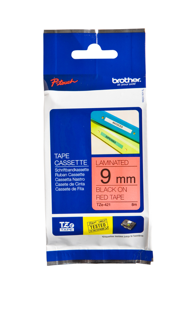 Labeltape Brother P-touch TZe-421 standaard 9mm zwart op rood