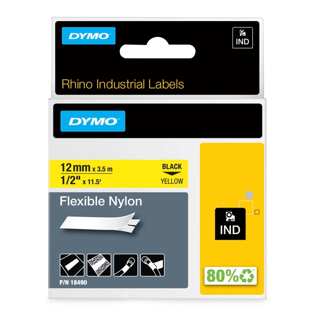 Labeltape Dymo Rhino industrieel nylon 12mm zwart op geel